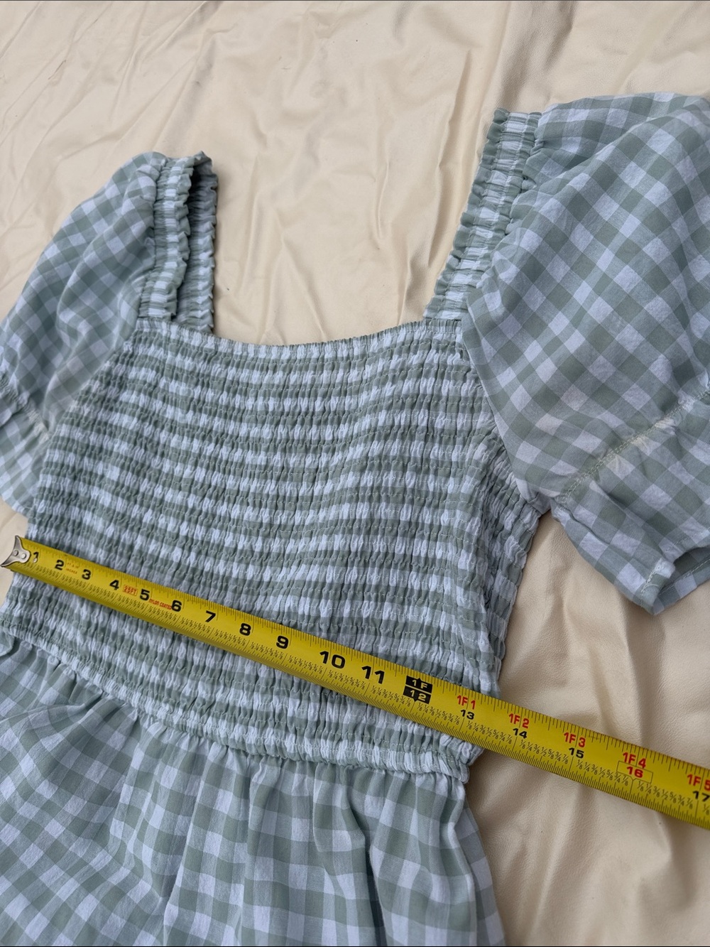 Smocked Square-Neck Gingham Midi Dress in Light Sage sz M - Picture 7 of 7